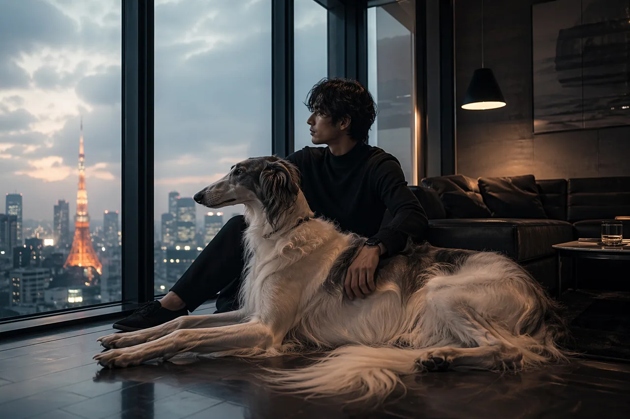 Man and Borzoi dog looking at Tokyo Tower from high-rise apartment